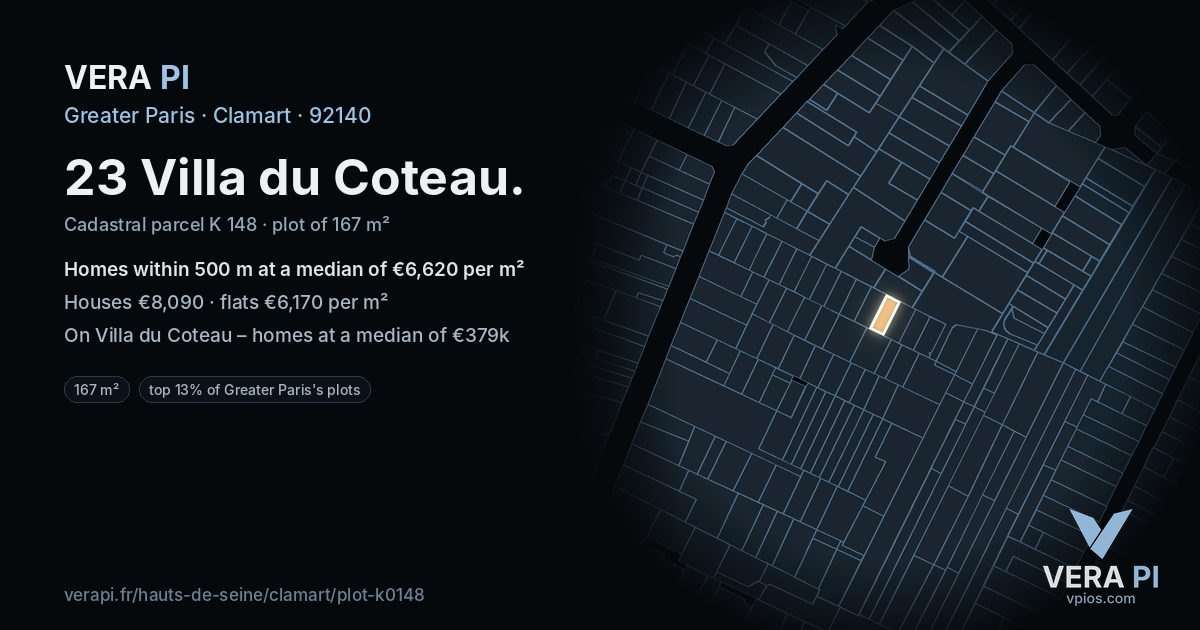 23 Villa du Coteau, Clamart at night – the plot lit, the parcels around coloured by the prices near them