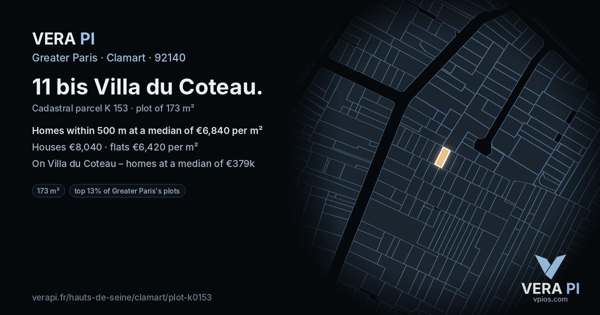 11 bis Villa du Coteau, Clamart at night – the plot lit, the parcels around coloured by the prices near them
