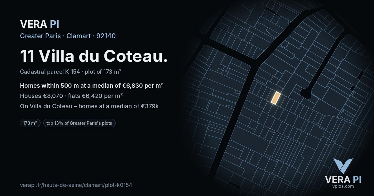11 Villa du Coteau, Clamart at night – the plot lit, the parcels around coloured by the prices near them