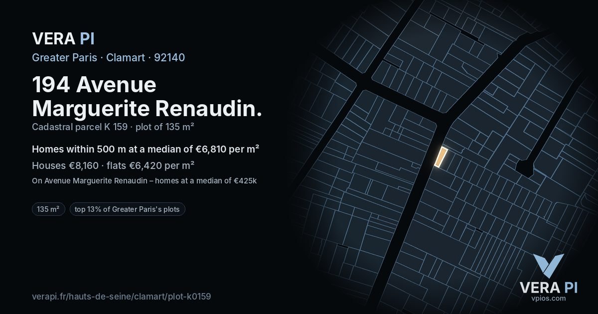 194 Avenue Marguerite Renaudin, Clamart at night – the plot lit, the parcels around coloured by the prices near them