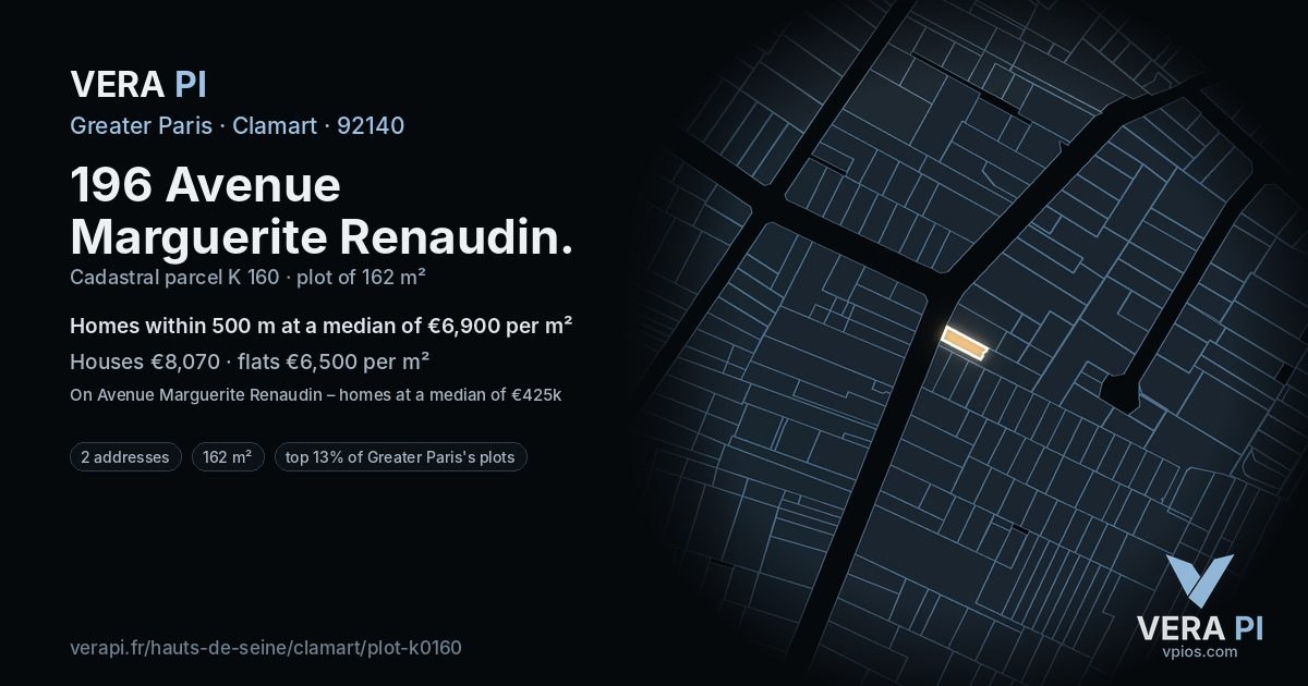 196 Avenue Marguerite Renaudin, Clamart at night – the plot lit, the parcels around coloured by the prices near them