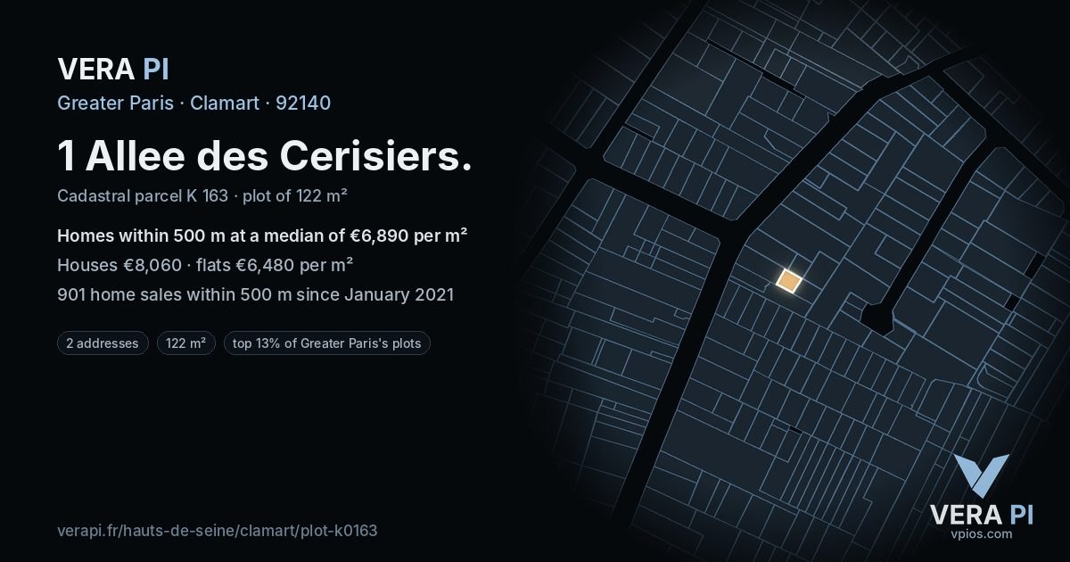 1 Allee des Cerisiers, Clamart at night – the plot lit, the parcels around coloured by the prices near them