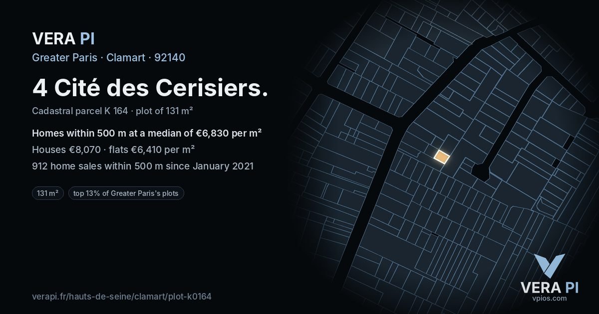4 Cité des Cerisiers, Clamart at night – the plot lit, the parcels around coloured by the prices near them