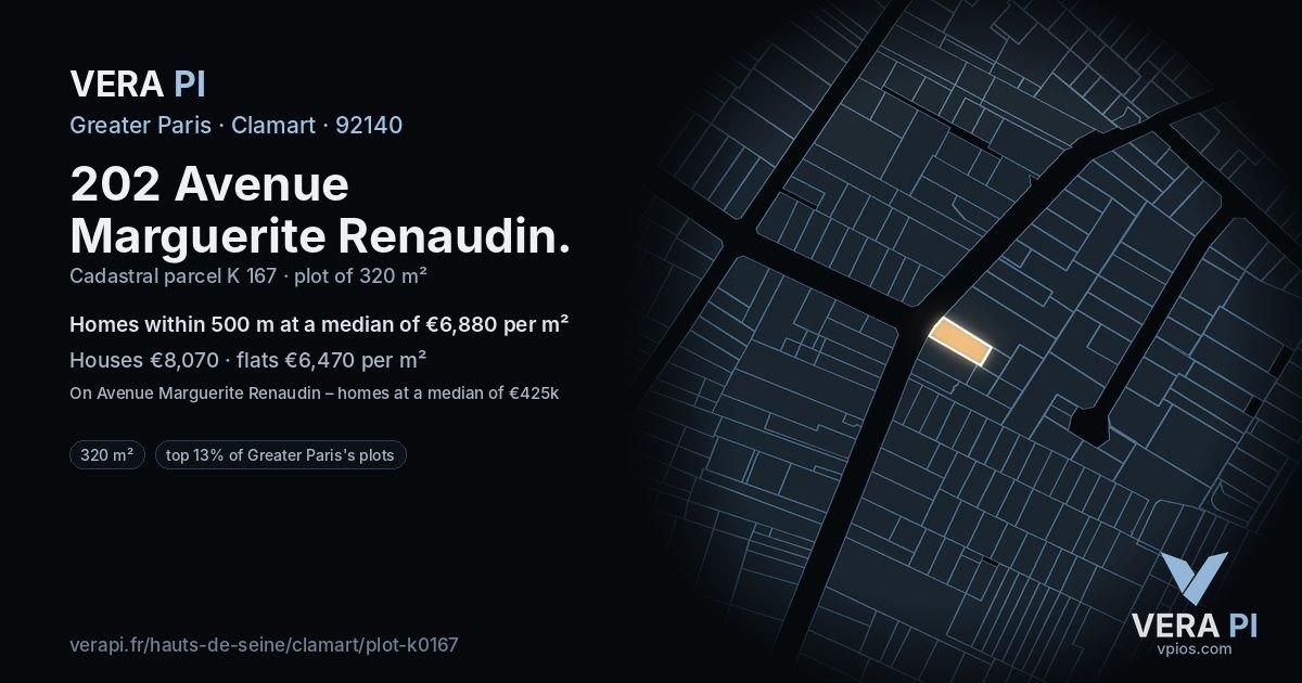 202 Avenue Marguerite Renaudin, Clamart at night – the plot lit, the parcels around coloured by the prices near them