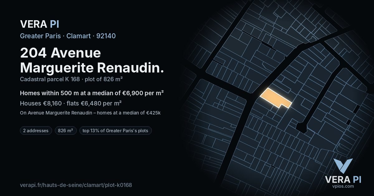 204 Avenue Marguerite Renaudin, Clamart at night – the plot lit, the parcels around coloured by the prices near them