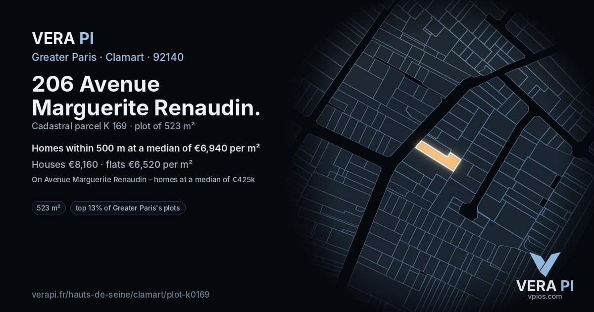 206 Avenue Marguerite Renaudin, Clamart at night – the plot lit, the parcels around coloured by the prices near them