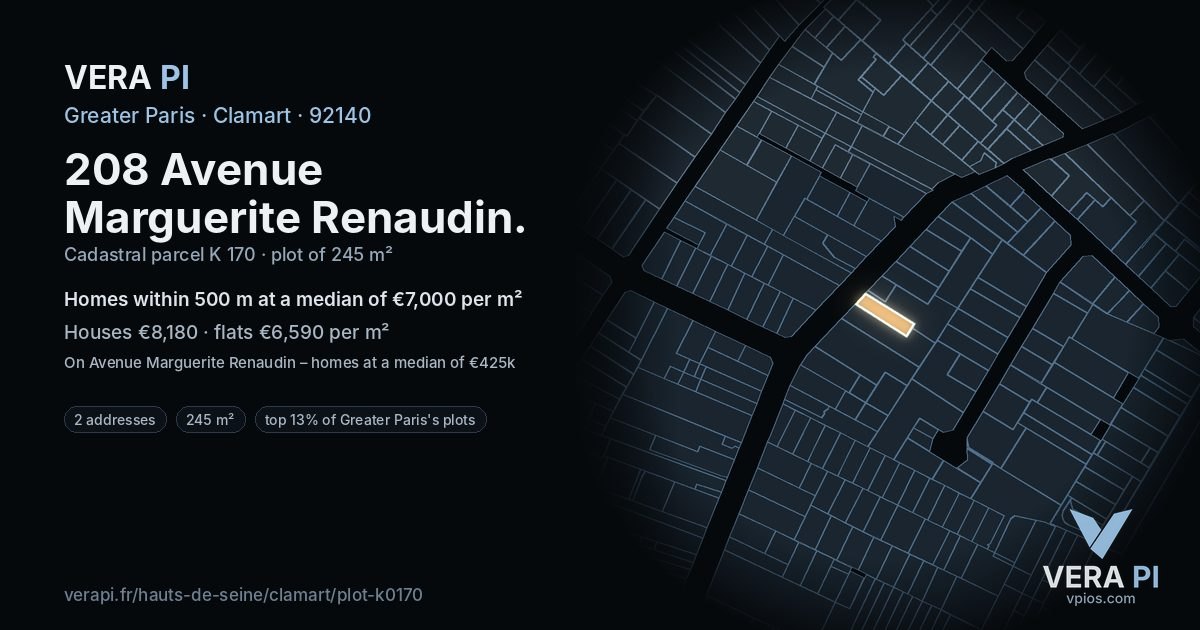 208 Avenue Marguerite Renaudin, Clamart at night – the plot lit, the parcels around coloured by the prices near them