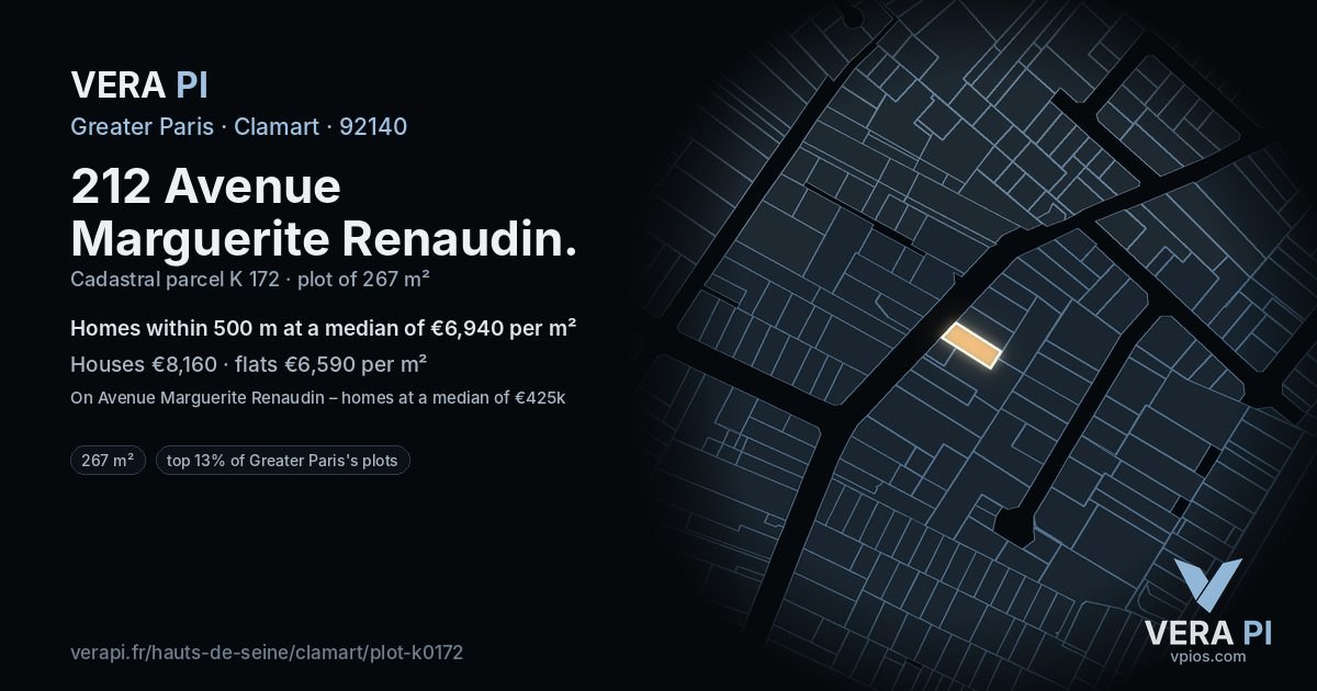 212 Avenue Marguerite Renaudin, Clamart at night – the plot lit, the parcels around coloured by the prices near them