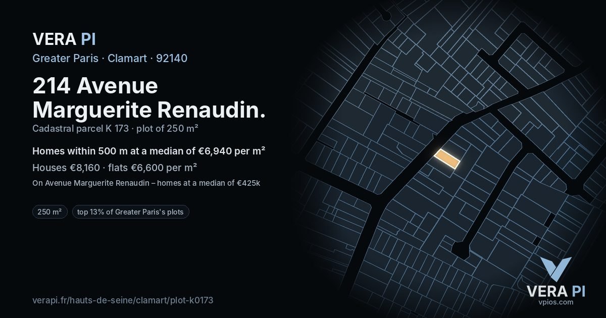 214 Avenue Marguerite Renaudin, Clamart at night – the plot lit, the parcels around coloured by the prices near them