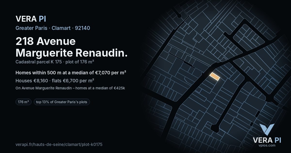 218 Avenue Marguerite Renaudin, Clamart at night – the plot lit, the parcels around coloured by the prices near them