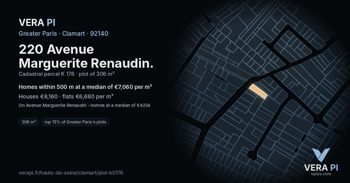 220 Avenue Marguerite Renaudin, Clamart at night – the plot lit, the parcels around coloured by the prices near them