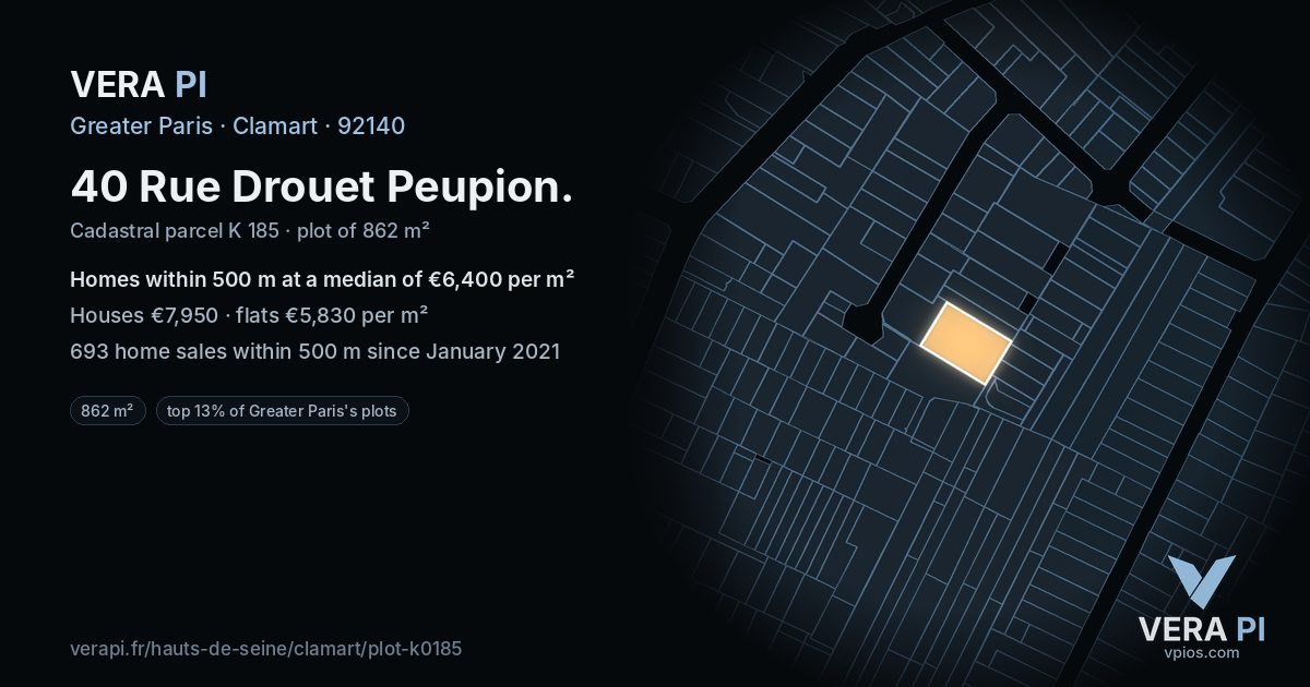 40 Rue Drouet Peupion, Clamart at night – the plot lit, the parcels around coloured by the prices near them