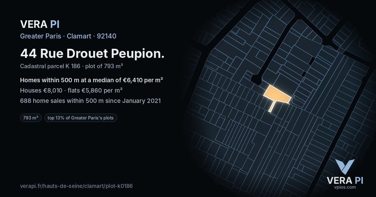 44 Rue Drouet Peupion, Clamart at night – the plot lit, the parcels around coloured by the prices near them