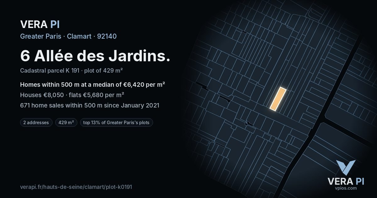 6 Allée des Jardins, Clamart at night – the plot lit, the parcels around coloured by the prices near them