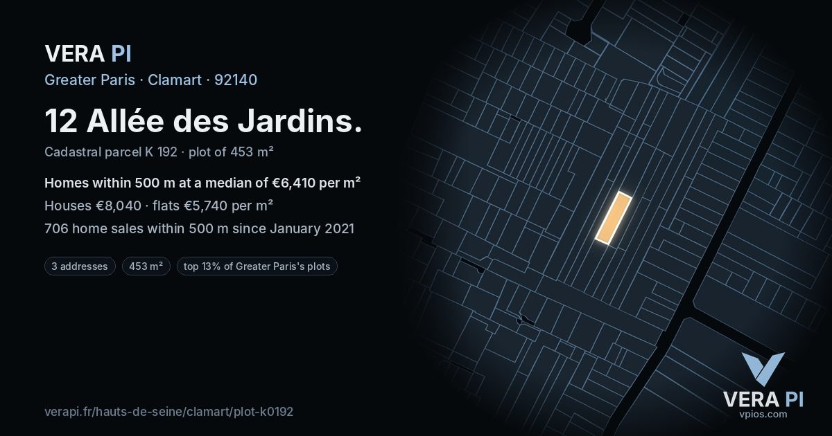 12 Allée des Jardins, Clamart at night – the plot lit, the parcels around coloured by the prices near them