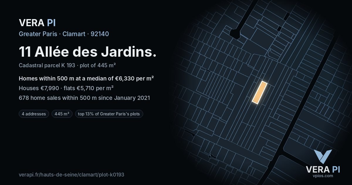 11 Allée des Jardins, Clamart at night – the plot lit, the parcels around coloured by the prices near them