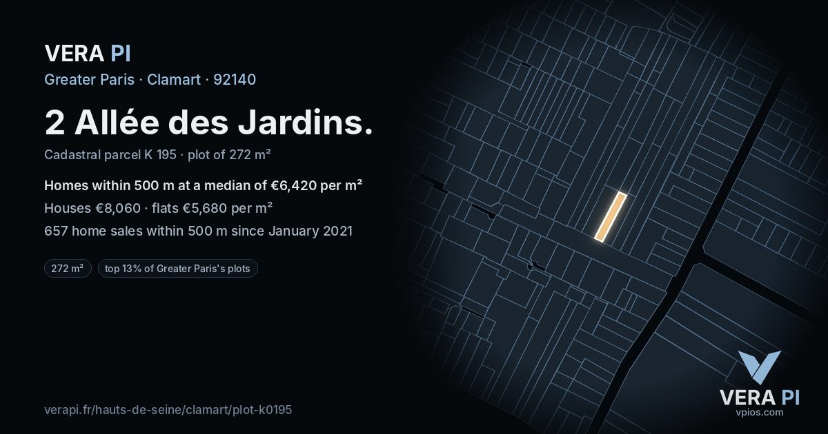 2 Allée des Jardins, Clamart at night – the plot lit, the parcels around coloured by the prices near them