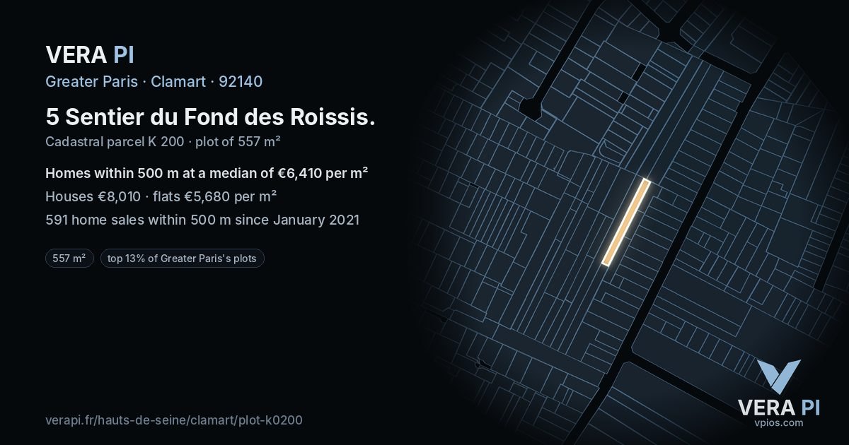 5 Sentier du Fond des Roissis, Clamart at night – the plot lit, the parcels around coloured by the prices near them