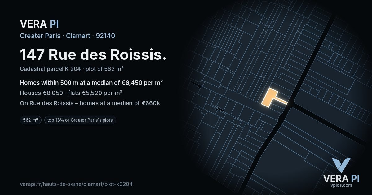 147 Rue des Roissis, Clamart at night – the plot lit, the parcels around coloured by the prices near them