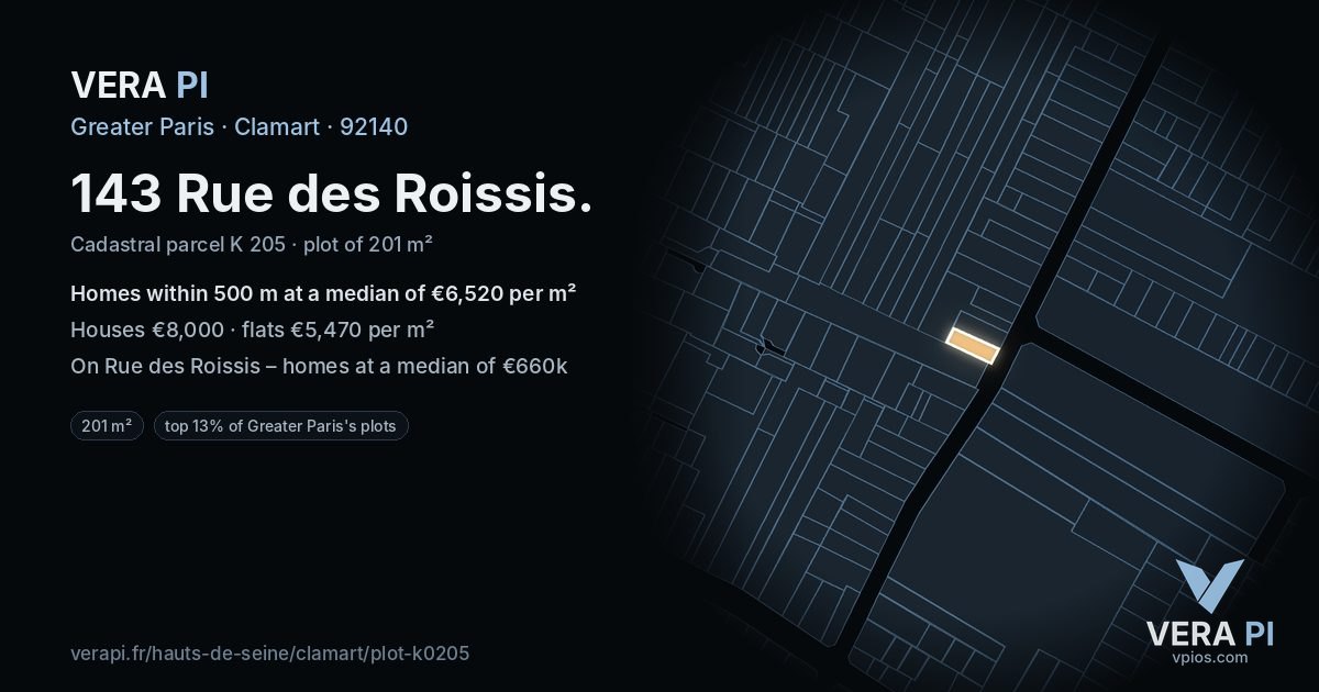 143 Rue des Roissis, Clamart at night – the plot lit, the parcels around coloured by the prices near them