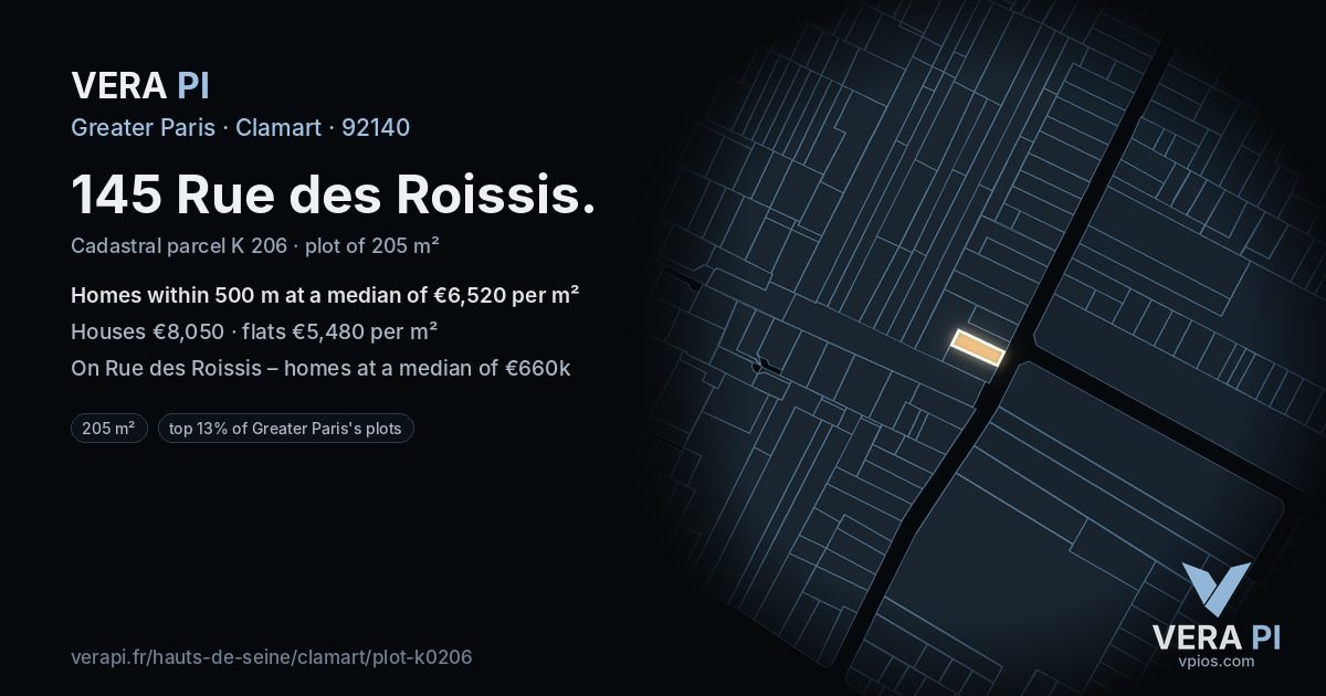 145 Rue des Roissis, Clamart at night – the plot lit, the parcels around coloured by the prices near them