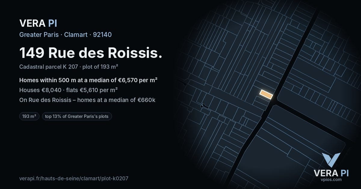149 Rue des Roissis, Clamart at night – the plot lit, the parcels around coloured by the prices near them