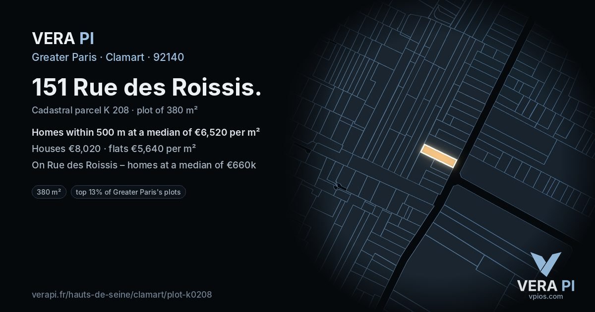 151 Rue des Roissis, Clamart at night – the plot lit, the parcels around coloured by the prices near them