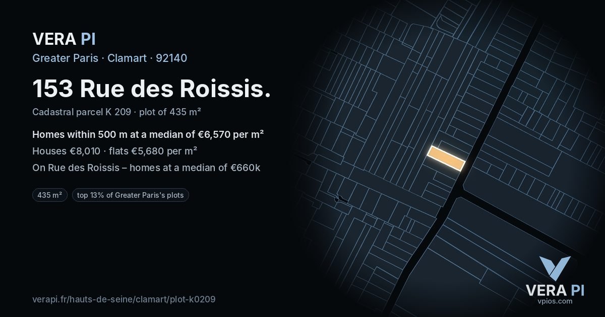 153 Rue des Roissis, Clamart at night – the plot lit, the parcels around coloured by the prices near them