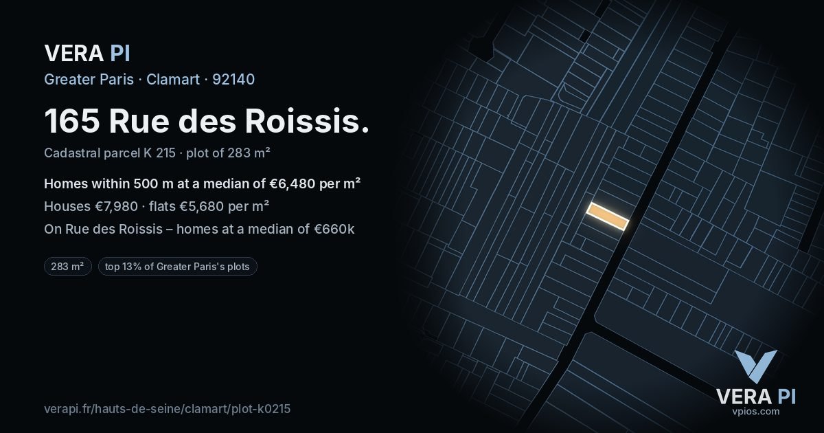 165 Rue des Roissis, Clamart at night – the plot lit, the parcels around coloured by the prices near them