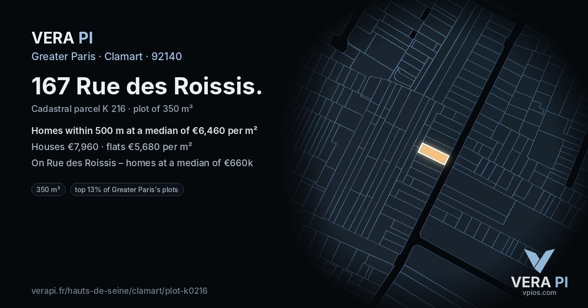 167 Rue des Roissis, Clamart at night – the plot lit, the parcels around coloured by the prices near them