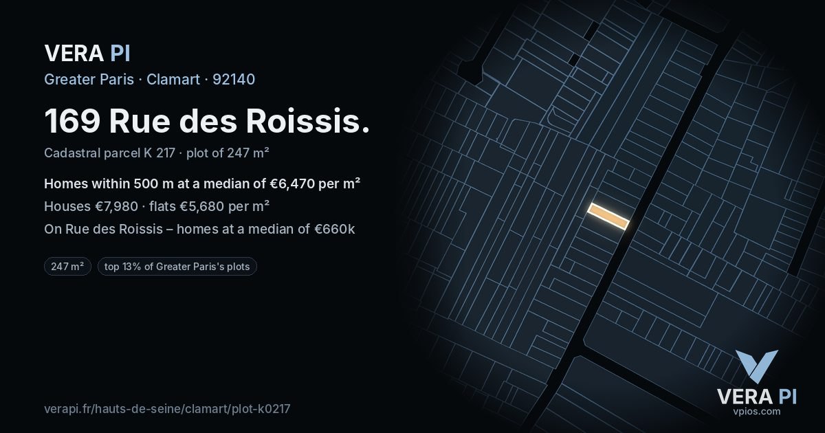 169 Rue des Roissis, Clamart at night – the plot lit, the parcels around coloured by the prices near them