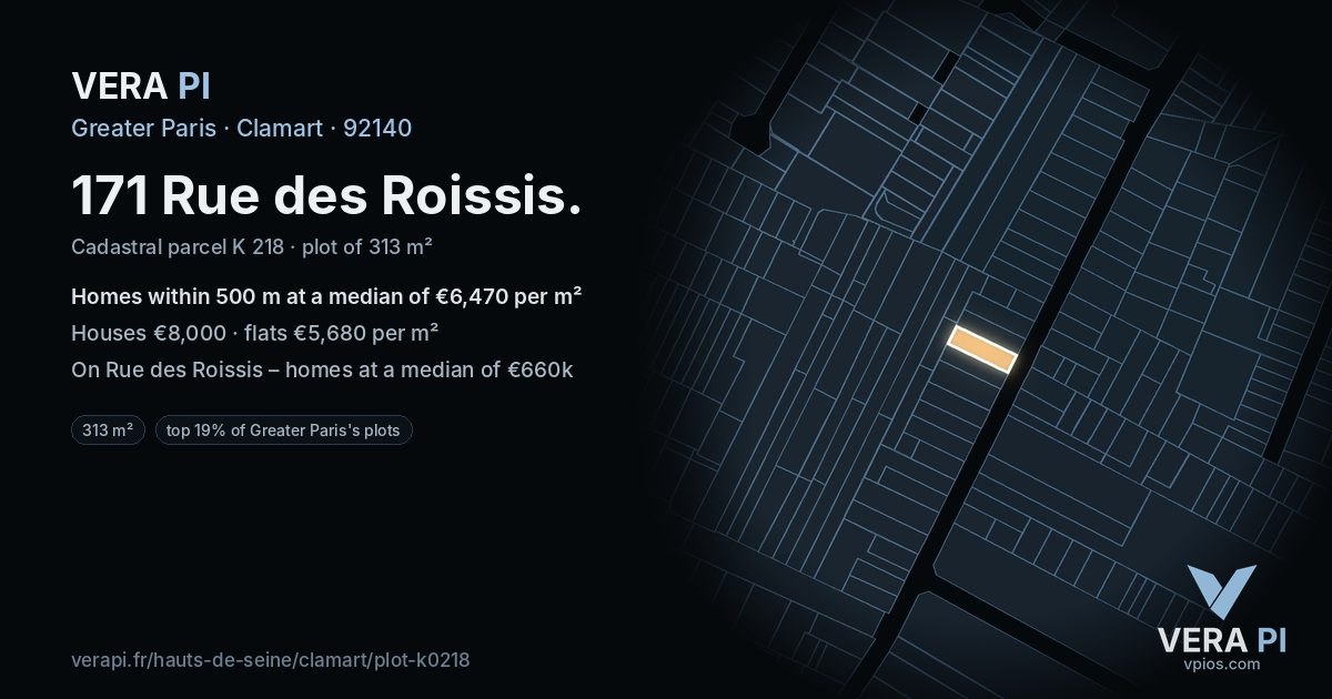 171 Rue des Roissis, Clamart at night – the plot lit, the parcels around coloured by the prices near them