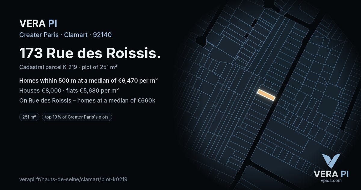 173 Rue des Roissis, Clamart at night – the plot lit, the parcels around coloured by the prices near them