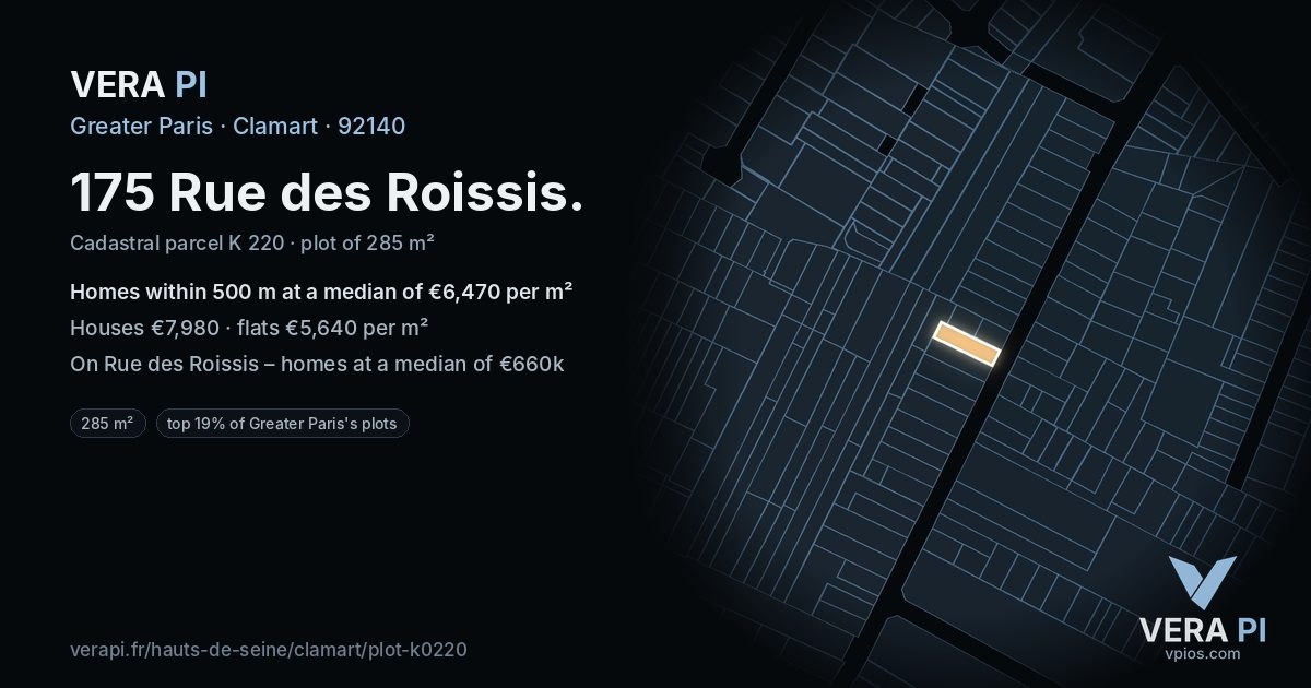 175 Rue des Roissis, Clamart at night – the plot lit, the parcels around coloured by the prices near them