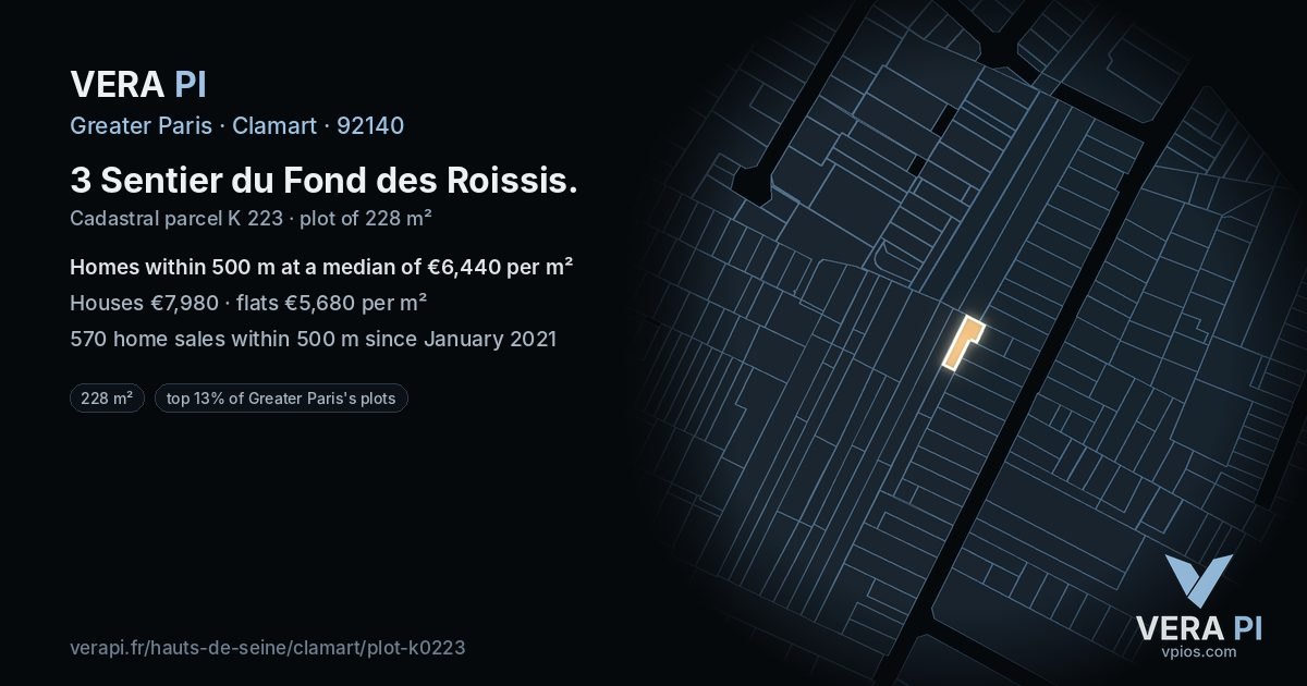 3 Sentier du Fond des Roissis, Clamart at night – the plot lit, the parcels around coloured by the prices near them