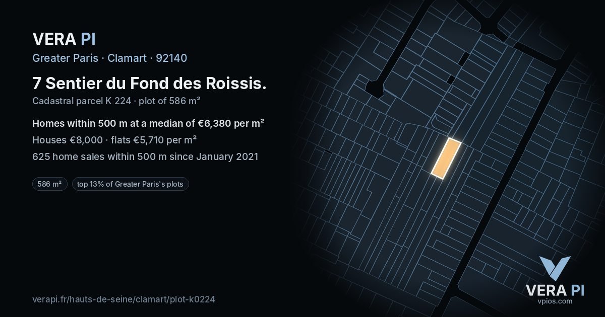 7 Sentier du Fond des Roissis, Clamart at night – the plot lit, the parcels around coloured by the prices near them