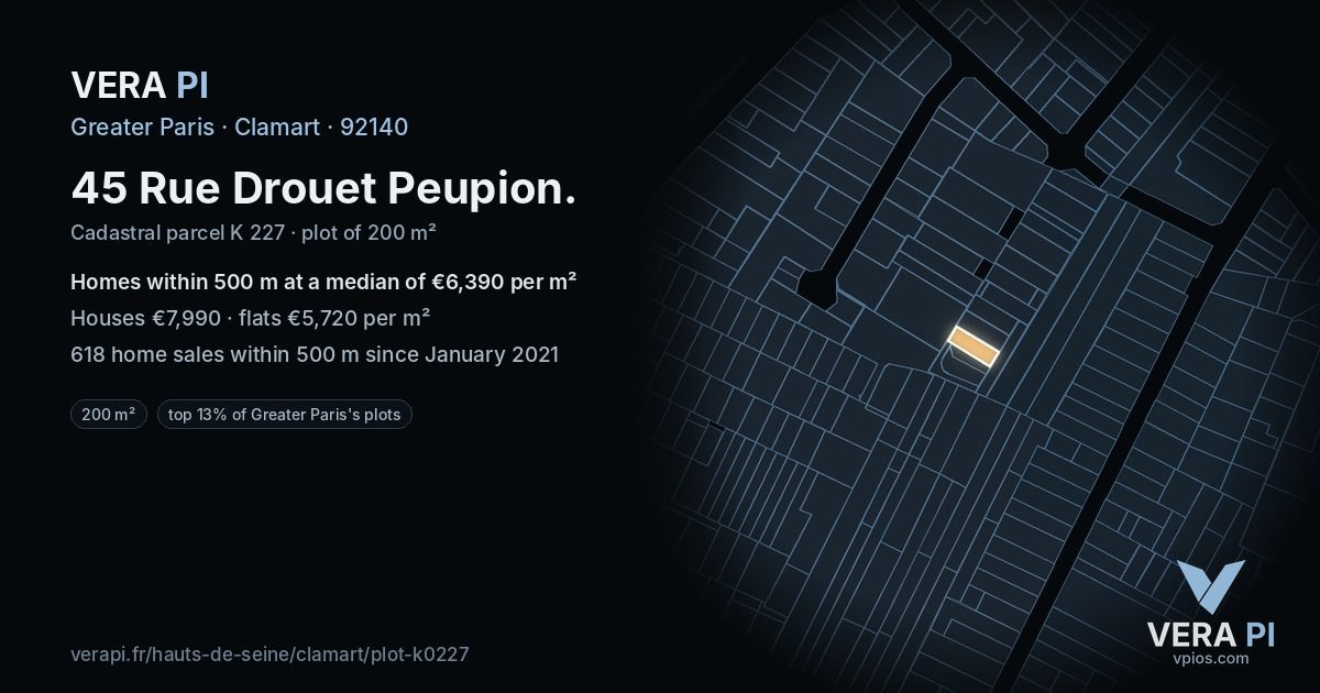 45 Rue Drouet Peupion, Clamart at night – the plot lit, the parcels around coloured by the prices near them