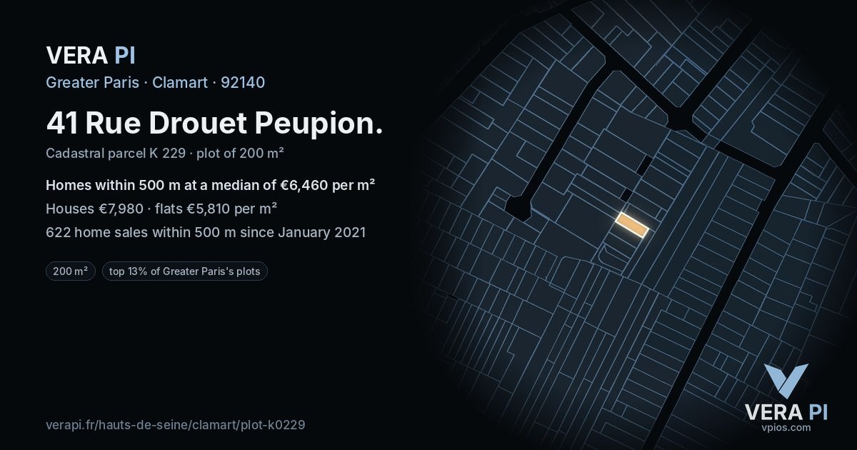 41 Rue Drouet Peupion, Clamart at night – the plot lit, the parcels around coloured by the prices near them