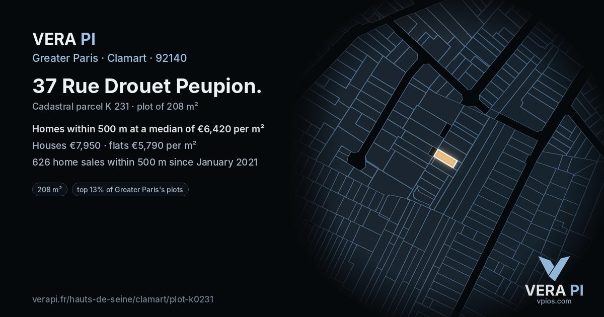 37 Rue Drouet Peupion, Clamart at night – the plot lit, the parcels around coloured by the prices near them