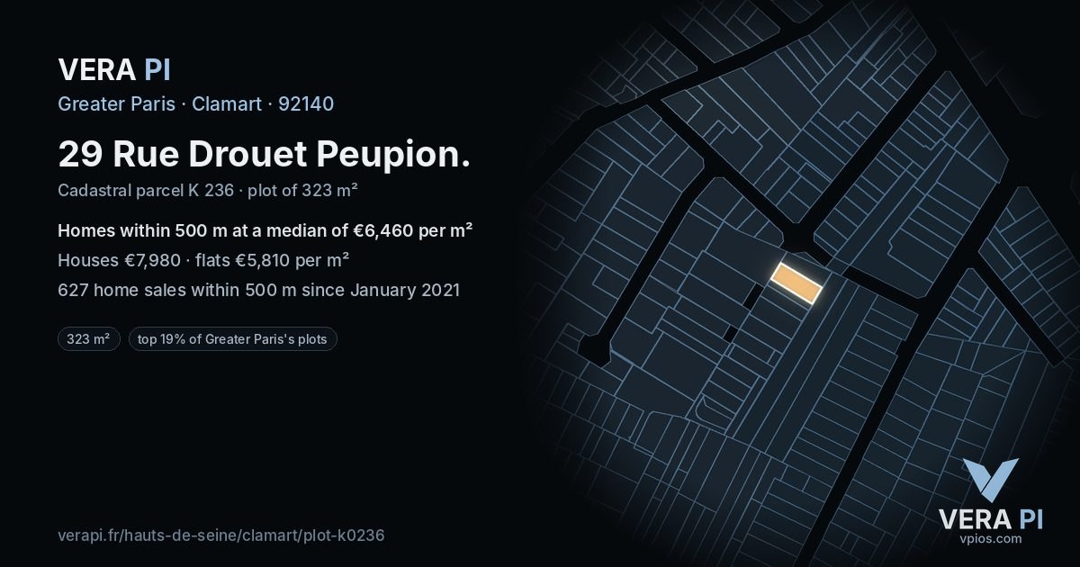 29 Rue Drouet Peupion, Clamart at night – the plot lit, the parcels around coloured by the prices near them