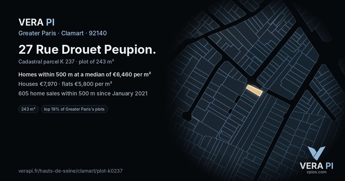 27 Rue Drouet Peupion, Clamart at night – the plot lit, the parcels around coloured by the prices near them