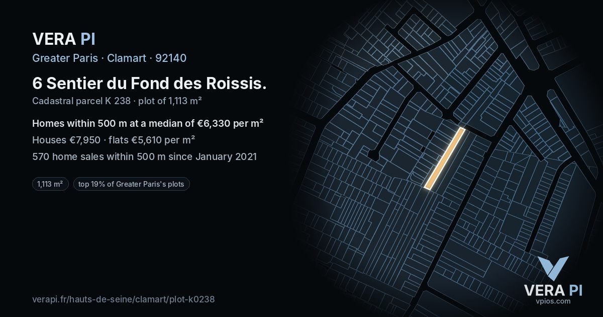 6 Sentier du Fond des Roissis, Clamart at night – the plot lit, the parcels around coloured by the prices near them