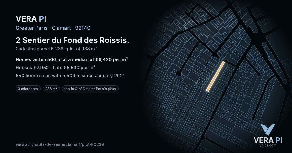 2 Sentier du Fond des Roissis, Clamart at night – the plot lit, the parcels around coloured by the prices near them