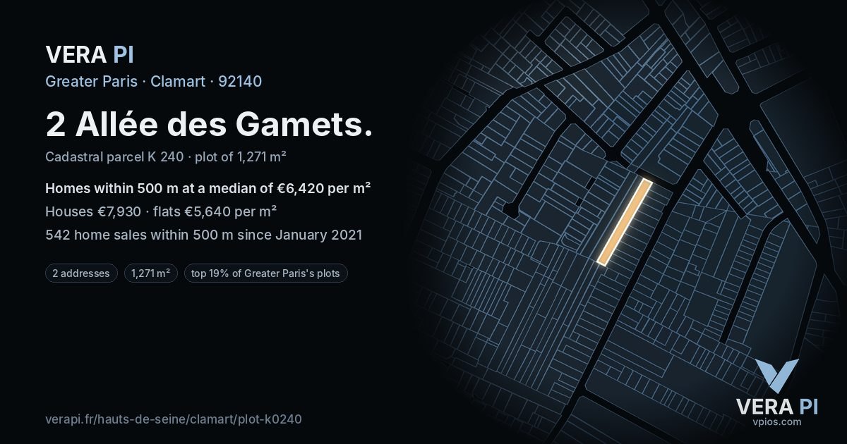 2 Allée des Gamets, Clamart at night – the plot lit, the parcels around coloured by the prices near them