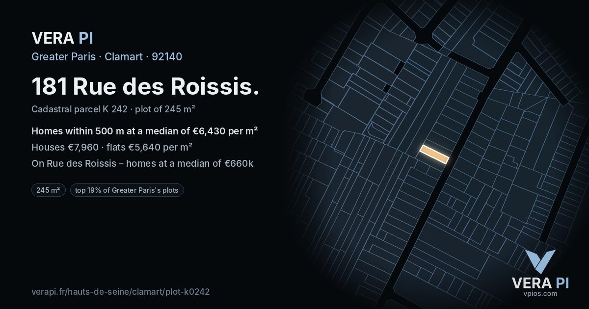 181 Rue des Roissis, Clamart at night – the plot lit, the parcels around coloured by the prices near them