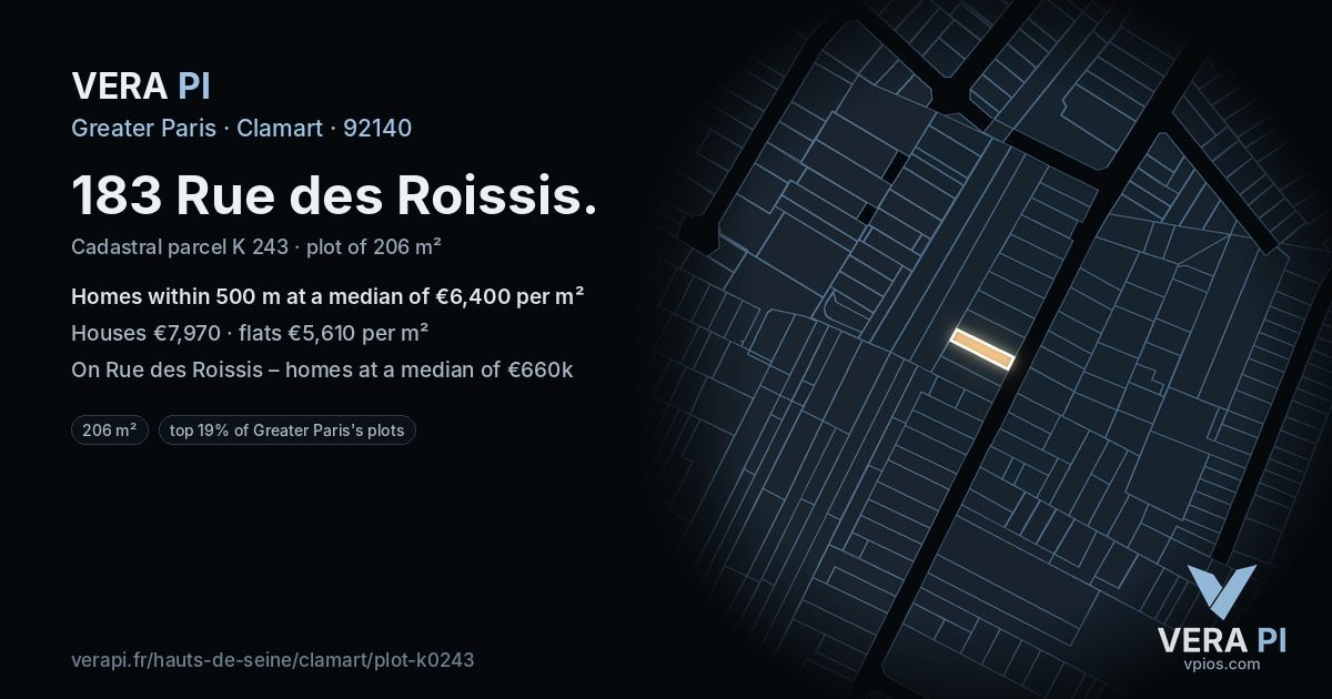 183 Rue des Roissis, Clamart at night – the plot lit, the parcels around coloured by the prices near them
