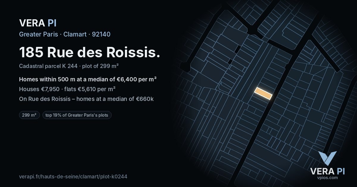 185 Rue des Roissis, Clamart at night – the plot lit, the parcels around coloured by the prices near them