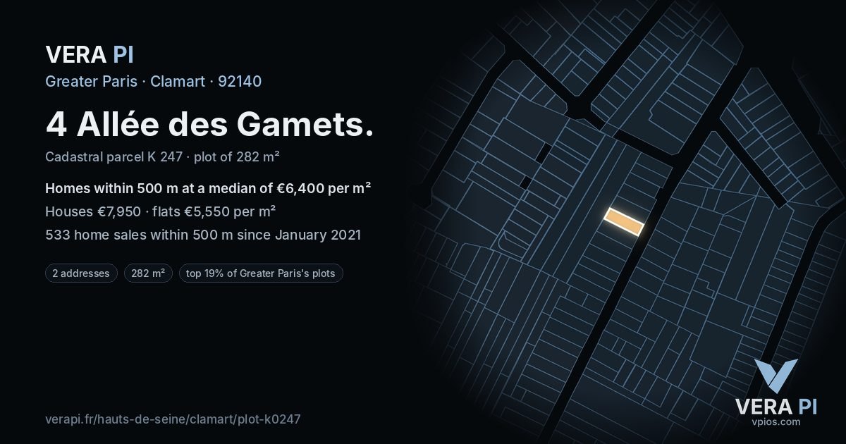 4 Allée des Gamets, Clamart at night – the plot lit, the parcels around coloured by the prices near them