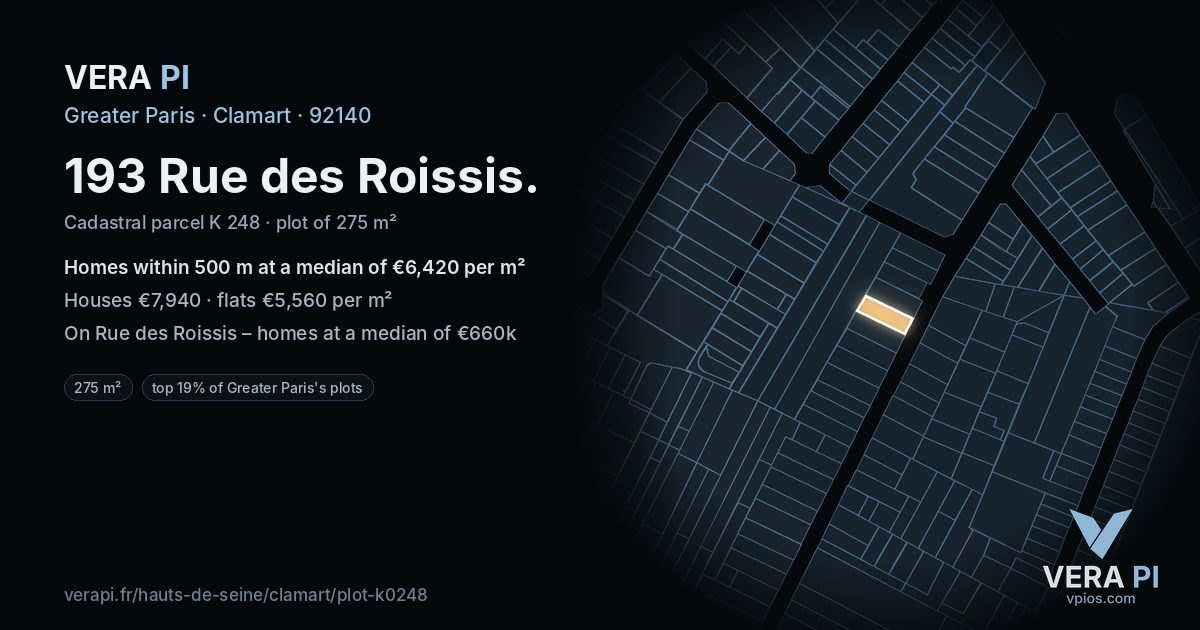 193 Rue des Roissis, Clamart at night – the plot lit, the parcels around coloured by the prices near them