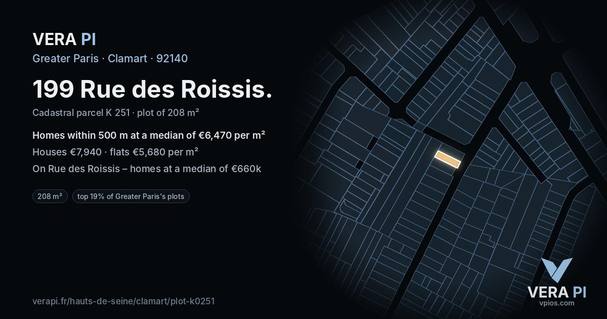 199 Rue des Roissis, Clamart at night – the plot lit, the parcels around coloured by the prices near them